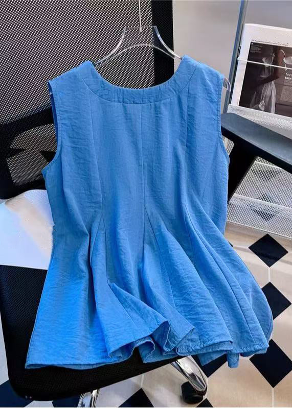 Simple Blue V Neck Bow Solid Cotton Tank Sleeveless