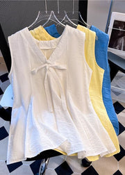 Simple Blue V Neck Bow Solid Cotton Tank Sleeveless