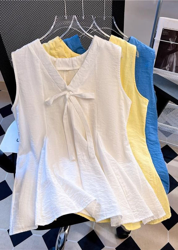 Simple Blue V Neck Bow Solid Cotton Tank Sleeveless