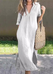 Simple Blue V Neck Side Open Linen Long Dress Summer