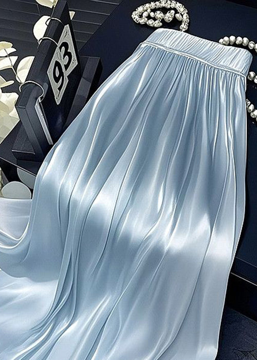 Simple Blue Wrinkled Elastic Waist Solid Silk Skirt Summer