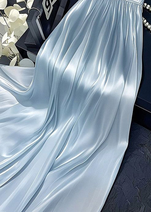 Simple Blue Wrinkled Elastic Waist Solid Silk Skirt Summer