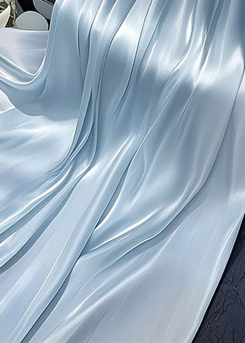 Simple Blue Wrinkled Elastic Waist Solid Silk Skirt Summer