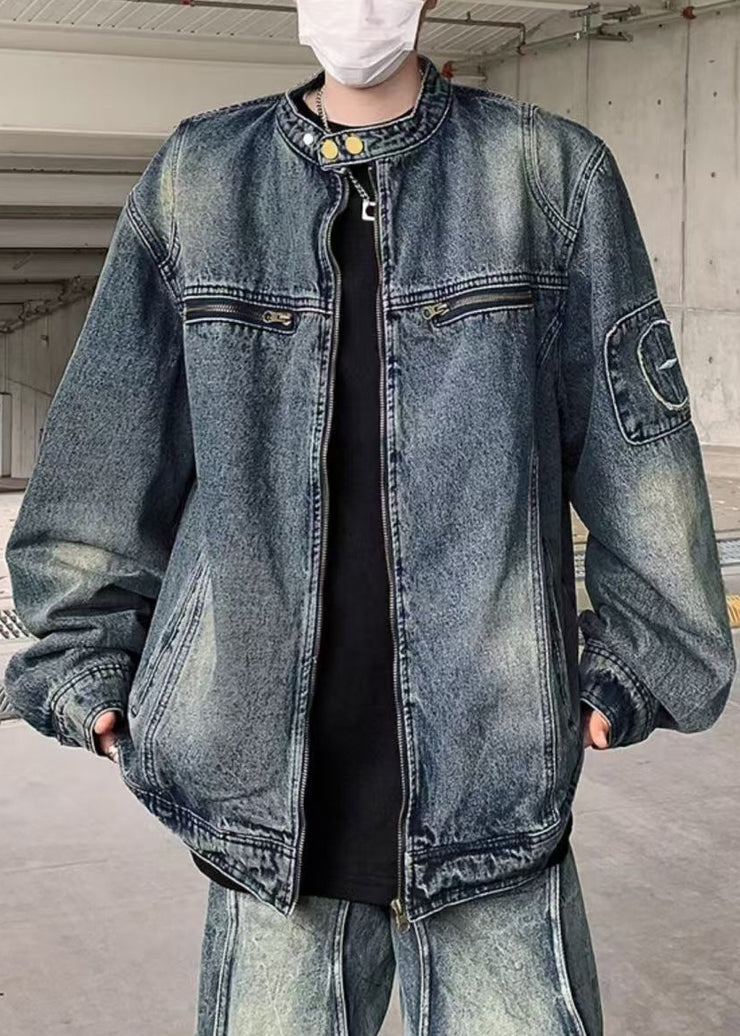 Simple Blue Zip Up Original Design Denim Mens Coats Fall