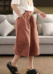 Simple Brick Red Pockets Elastic Waist Cotton Crop Pants Summer