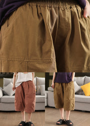 Simple Brick Red Pockets Elastic Waist Cotton Crop Pants Summer