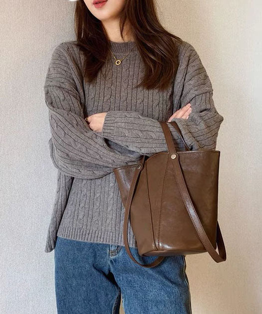 Simple Brown Large Capacity Faux Leather Bucket Bag