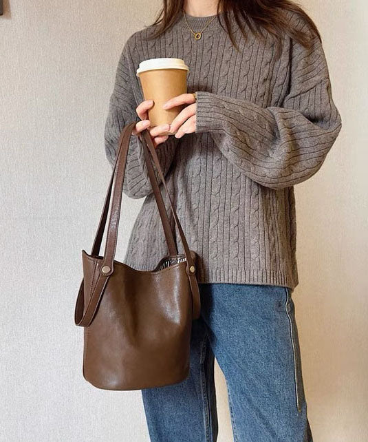 Simple Brown Large Capacity Faux Leather Bucket Bag