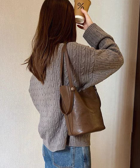 Simple Brown Large Capacity Faux Leather Bucket Bag