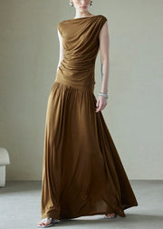 Simple Brown Original Design Wrinkled Cotton Two Pieces Set Summer