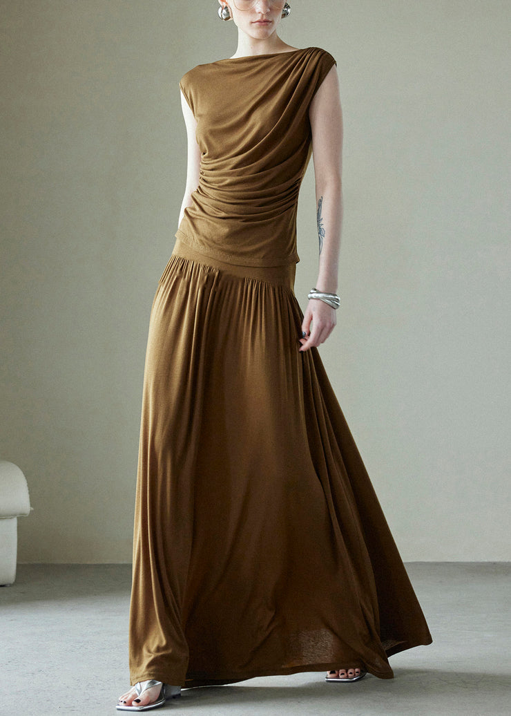 Simple Brown Original Design Wrinkled Cotton Two Pieces Set Summer