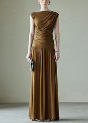Simple Brown Original Design Wrinkled Cotton Two Pieces Set Summer