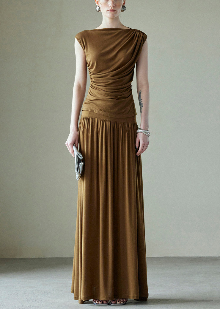 Simple Brown Original Design Wrinkled Cotton Two Pieces Set Summer