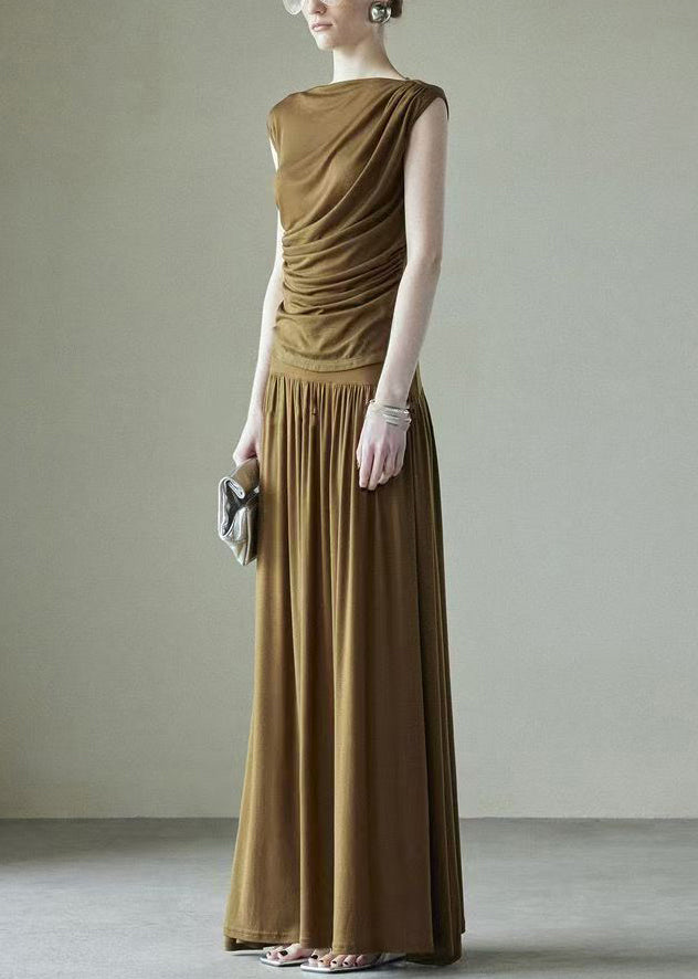 Simple Brown Original Design Wrinkled Cotton Two Pieces Set Summer