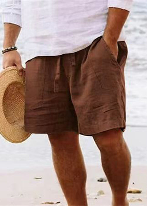Simple Brown Pockets Elastic Waist Solid Cotton Men Shorts Summer