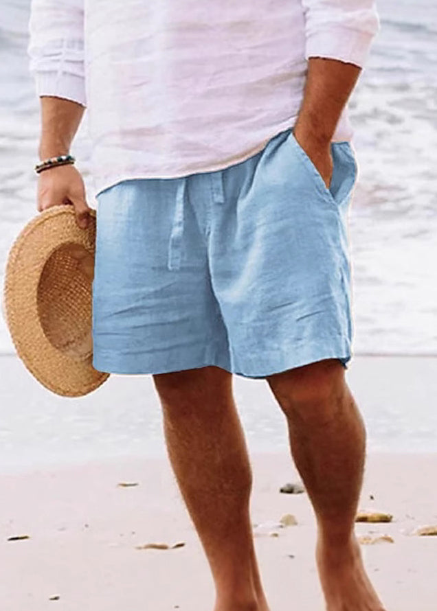 Simple Brown Pockets Elastic Waist Solid Cotton Men Shorts Summer