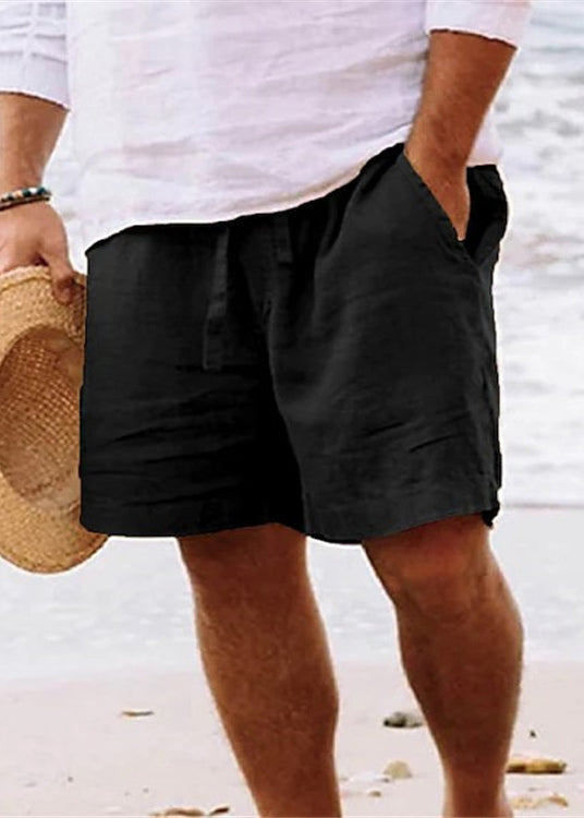 Simple Brown Pockets Elastic Waist Solid Cotton Men Shorts Summer