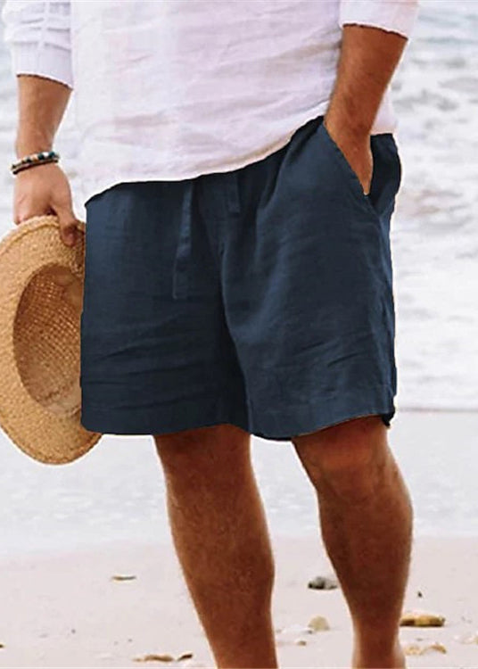 Simple Brown Pockets Elastic Waist Solid Cotton Men Shorts Summer