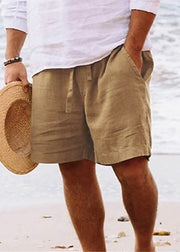 Simple Brown Pockets Elastic Waist Solid Cotton Men Shorts Summer