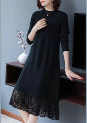 Simple Brown Pockets Lace Patchwork Knit Dresses Fall