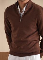 Simple Brown Zip Up Cozy Knit Mens Sweaters Casual Clothing