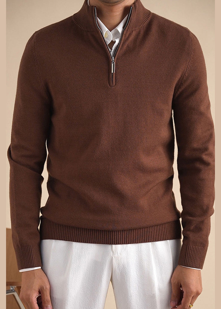 Simple Brown Zip Up Cozy Knit Mens Sweaters Casual Clothing