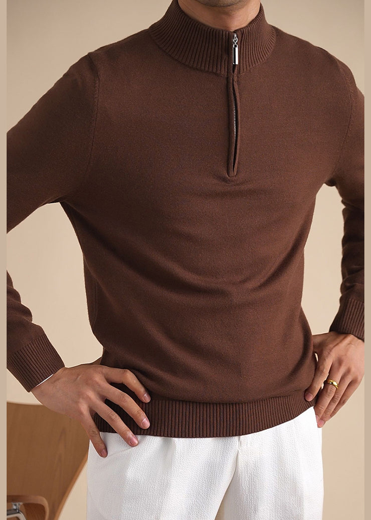 Simple Brown Zip Up Cozy Knit Mens Sweaters Casual Clothing