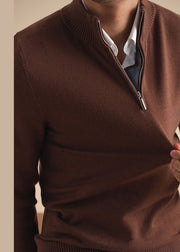Simple Brown Zip Up Cozy Knit Mens Sweaters Casual Clothing