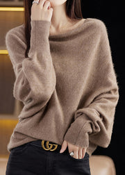 Simple Camel Cozy Solid Cashmere Knit Sweater Batwing Sleeve