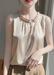 Simple Champagne Color O-Neck Pearl Button Silk Shirt Summer