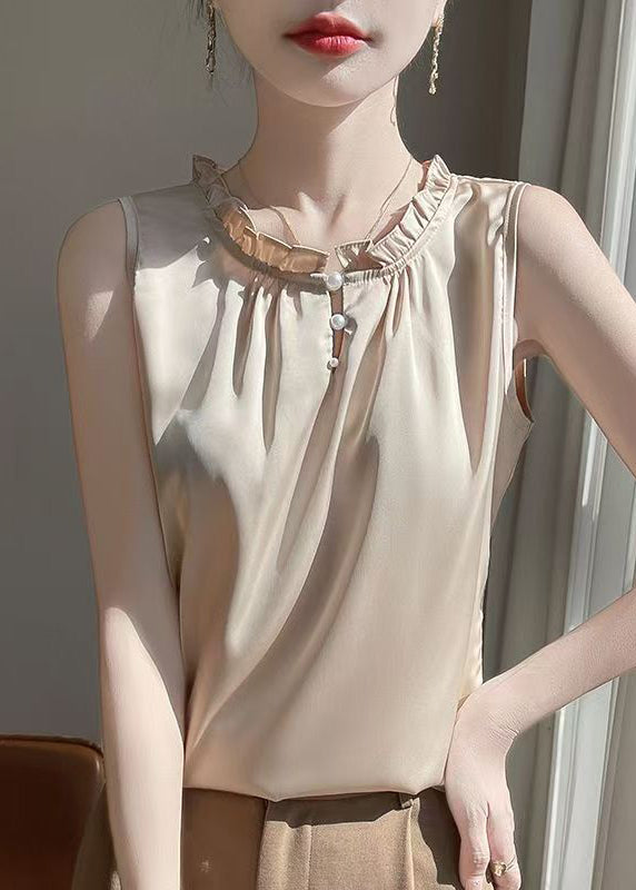 Simple Champagne Color O-Neck Pearl Button Silk Shirt Summer