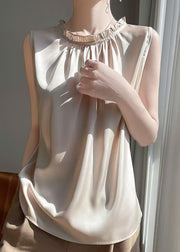 Simple Champagne Color O-Neck Pearl Button Silk Shirt Summer