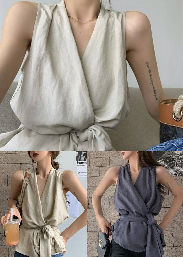 Simple Charcoal Grey Silm Linen Tunic Vest Summer
