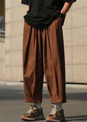 Simple Chocolate Solid Elastic Waist Cotton Mens Crop Pants Summer