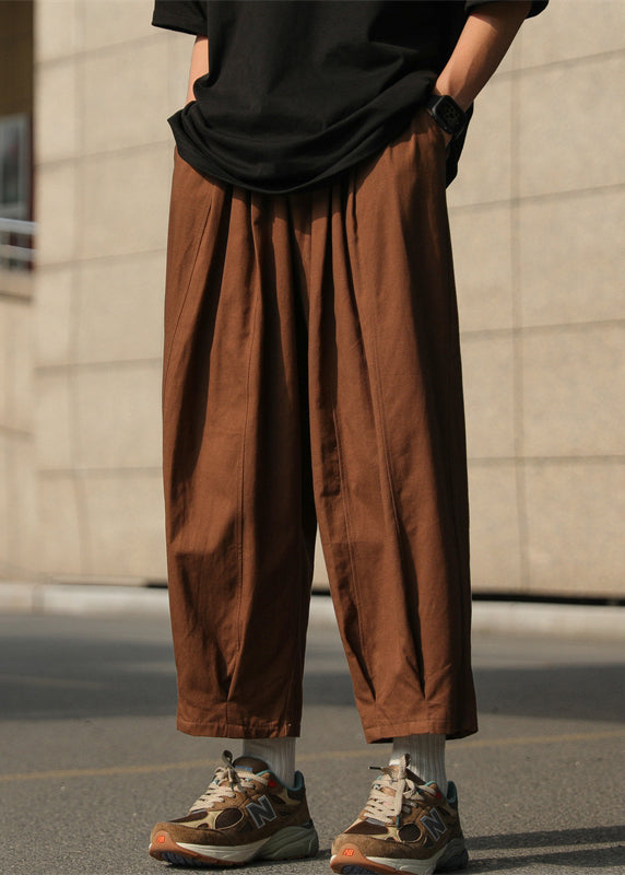 Simple Chocolate Solid Elastic Waist Cotton Mens Crop Pants Summer
