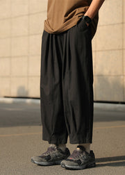 Simple Chocolate Solid Elastic Waist Cotton Mens Crop Pants Summer