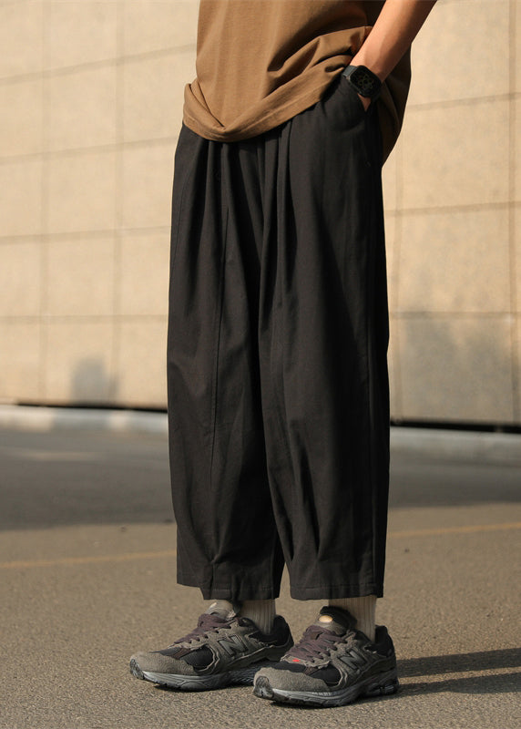 Simple Chocolate Solid Elastic Waist Cotton Mens Crop Pants Summer