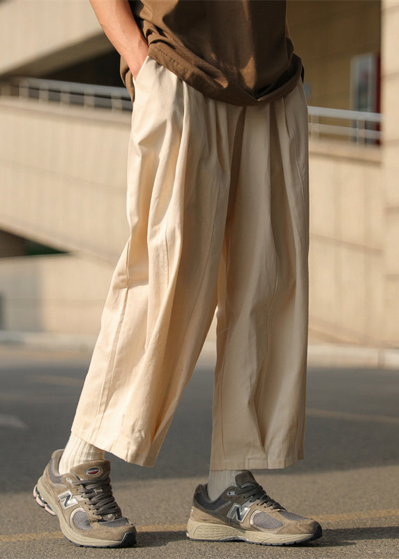 Simple Chocolate Solid Elastic Waist Cotton Mens Crop Pants Summer