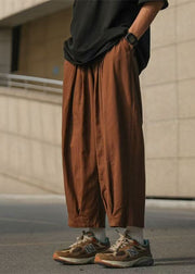 Simple Chocolate Solid Elastic Waist Cotton Mens Crop Pants Summer