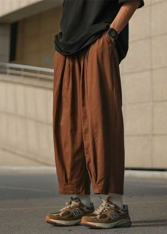 Simple Chocolate Solid Elastic Waist Cotton Mens Crop Pants Summer