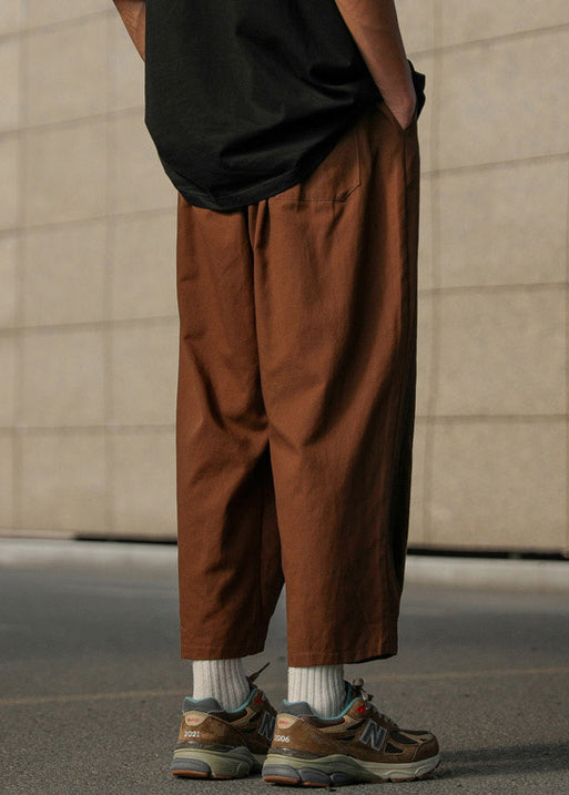 Simple Chocolate Solid Elastic Waist Cotton Mens Crop Pants Summer