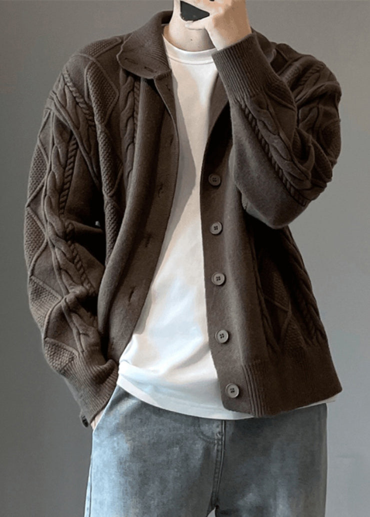 Simple Coffee Button Cozy Cable Knit Mens Cardigan Spring