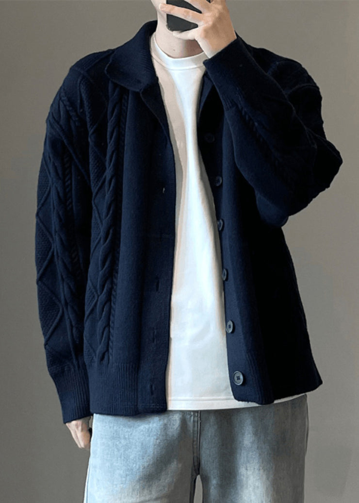 Simple Coffee Button Cozy Cable Knit Mens Cardigan Spring