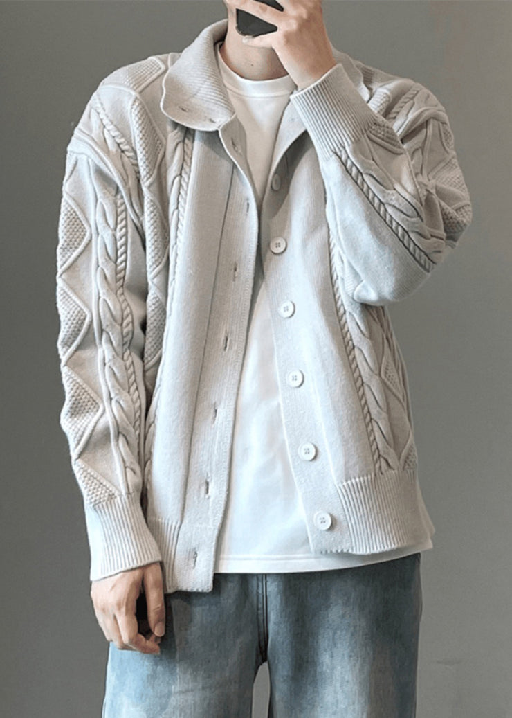 Simple Coffee Button Cozy Cable Knit Mens Cardigan Spring