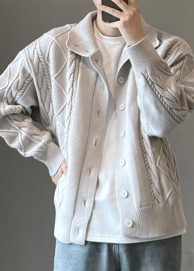 Simple Coffee Button Cozy Cable Knit Mens Cardigan Spring