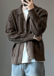 Simple Coffee Button Cozy Cable Knit Mens Cardigan Spring
