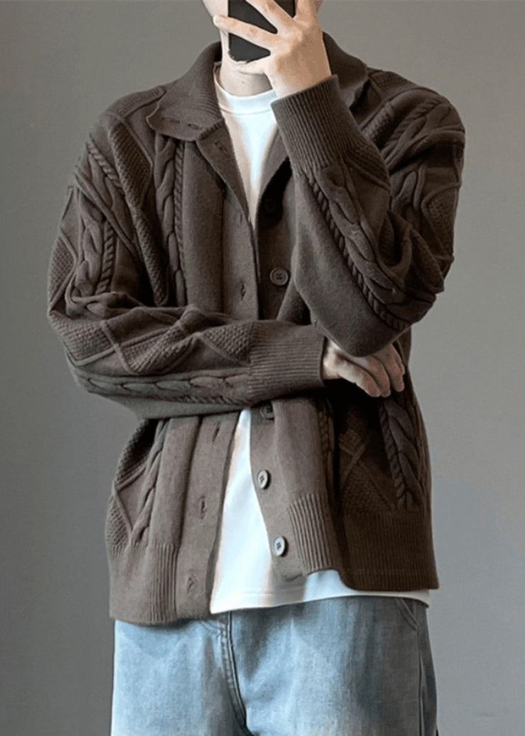 Simple Coffee Button Cozy Cable Knit Mens Cardigan Spring