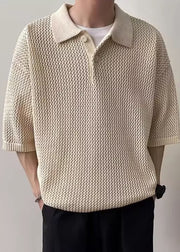 Simple Coffee Button Hollow Out Knit Polo Shirts Men Summer
