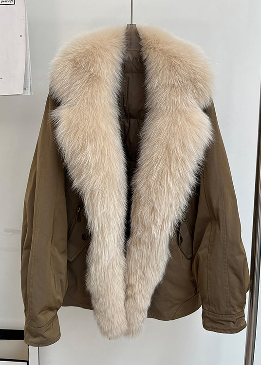 Simple Coffee Fur Collar Removable Pockets Duck Down Parka
