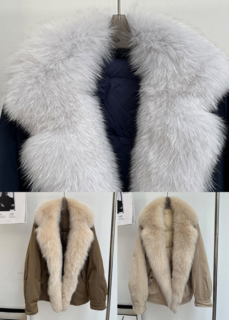 Simple Coffee Fur Collar Removable Pockets Duck Down Parka